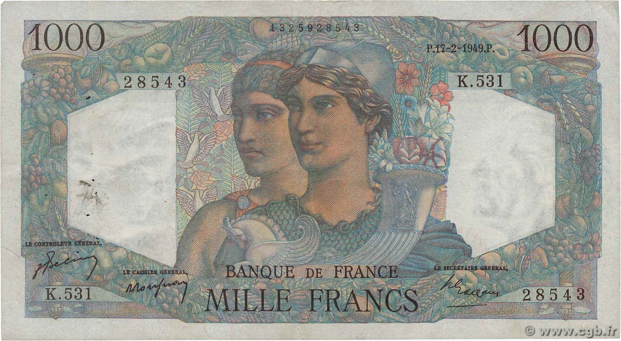 1000 Francs MINERVE ET HERCULE FRANCE  1949 F.41.25 F+