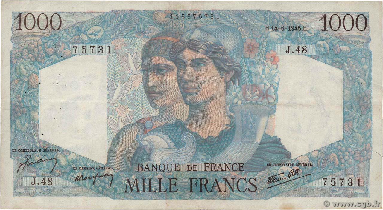 1000 Francs MINERVE ET HERCULE FRANCE  1945 F.41.04 F+