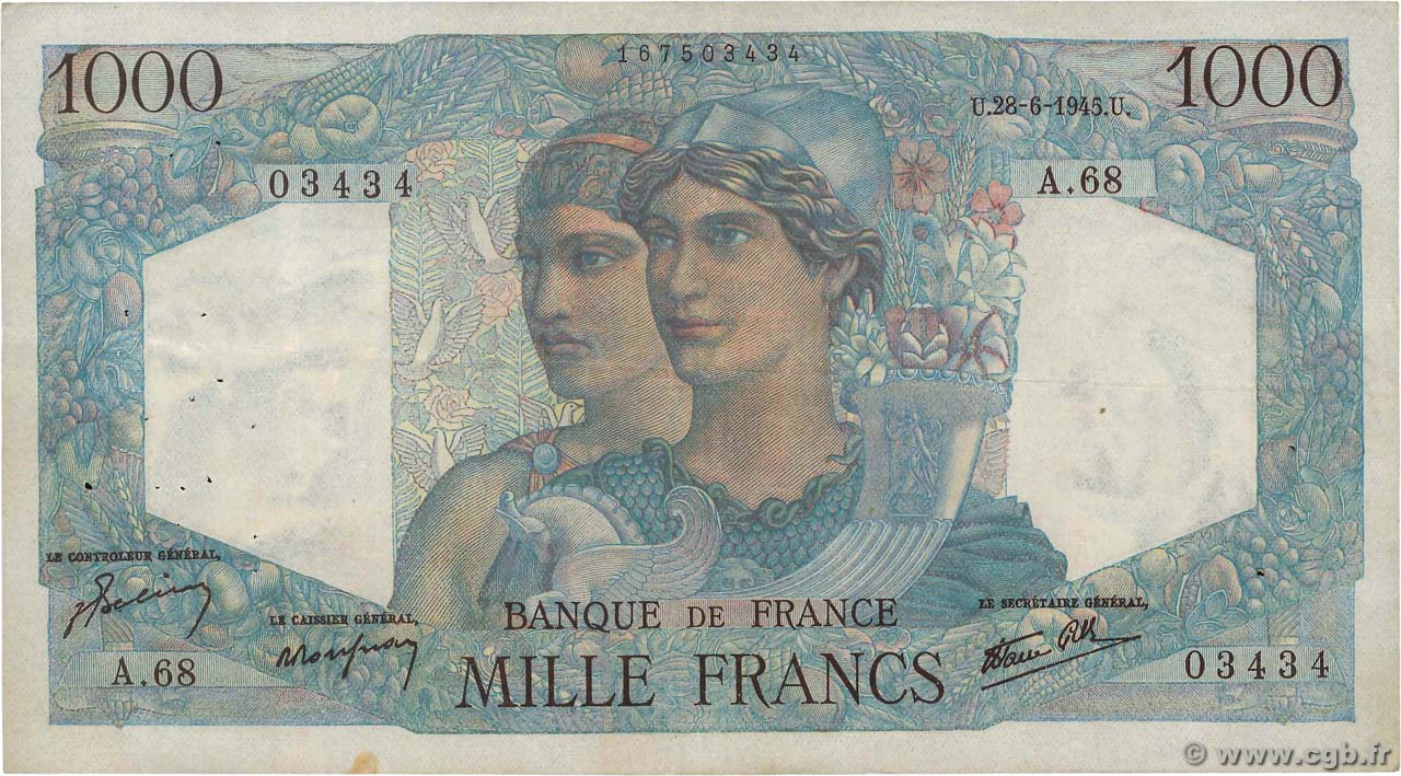 1000 Francs MINERVE ET HERCULE FRANCE  1945 F.41.05 TB+