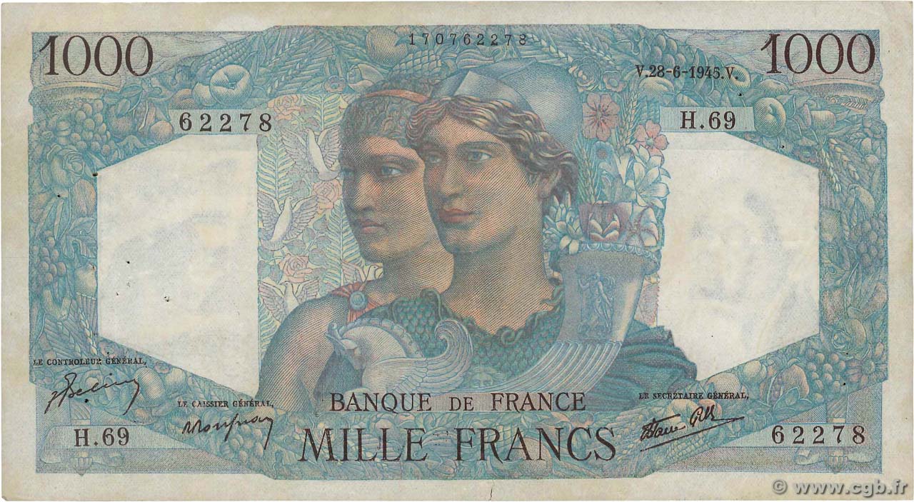 1000 Francs MINERVE ET HERCULE FRANKREICH  1945 F.41.05 fSS