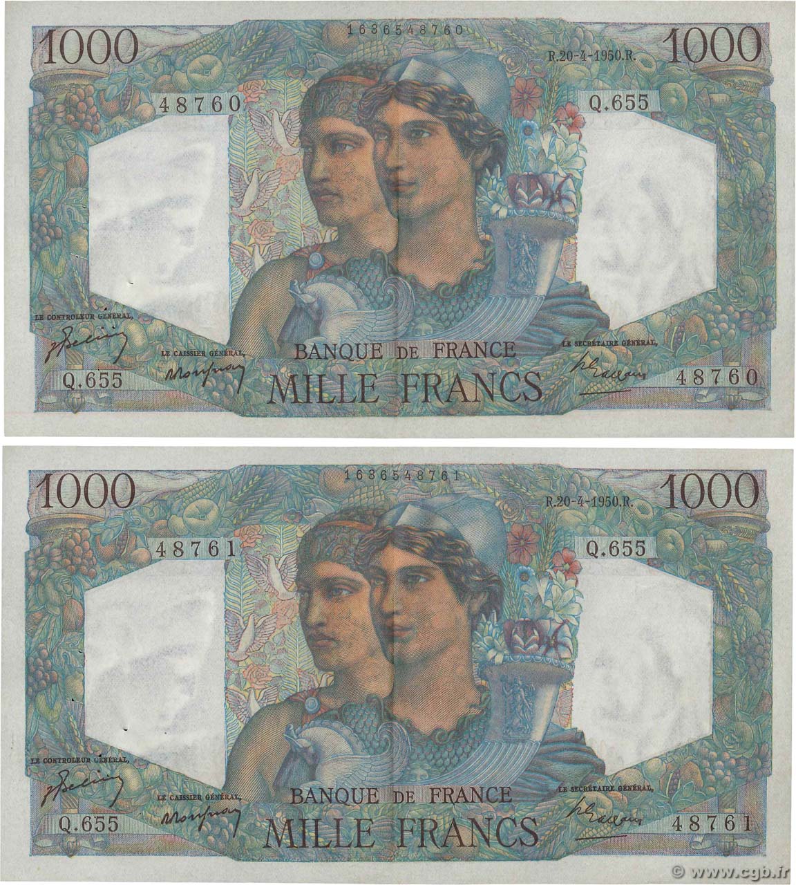 1000 Francs MINERVE ET HERCULE Consécutifs FRANCIA  1950 F.41.32 q.SPL