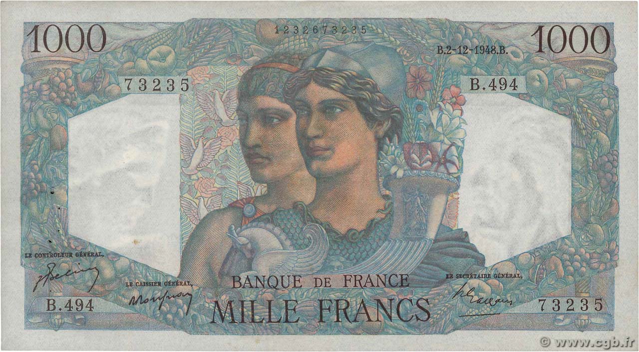 1000 Francs MINERVE ET HERCULE FRANCE  1948 F.41.24 TTB+