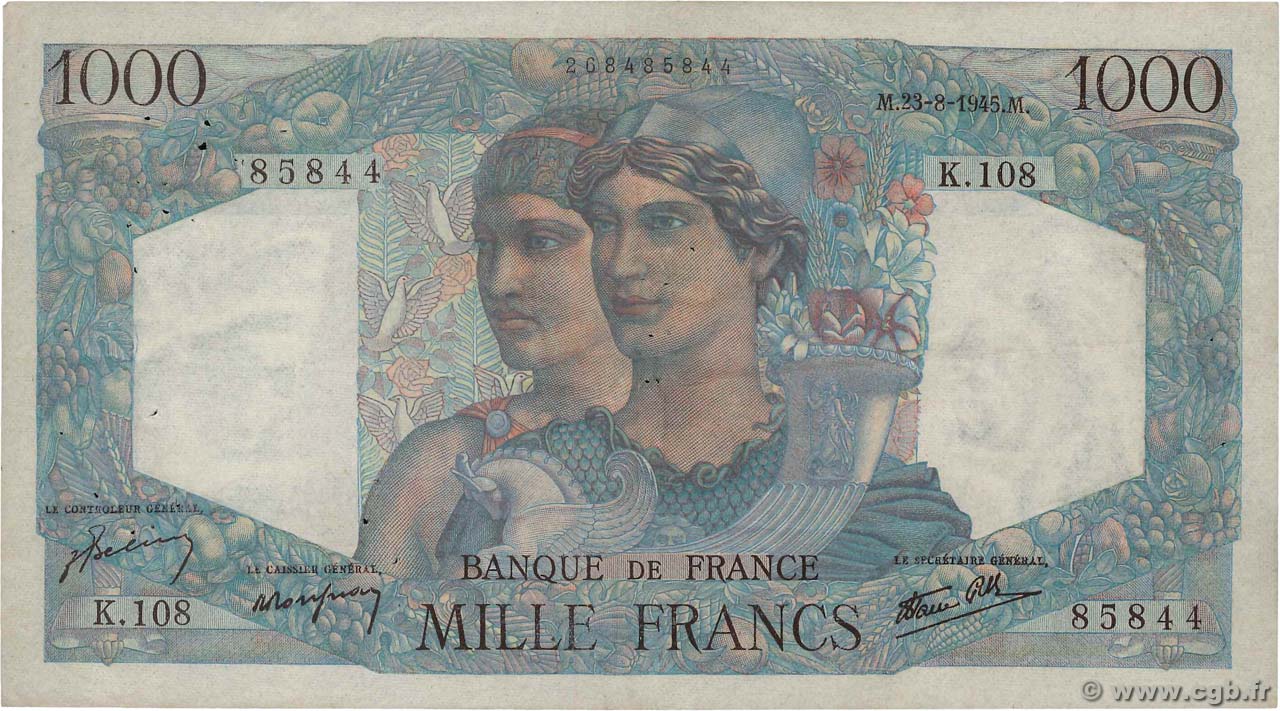 1000 Francs MINERVE ET HERCULE FRANCIA  1945 F.41.07 BC+