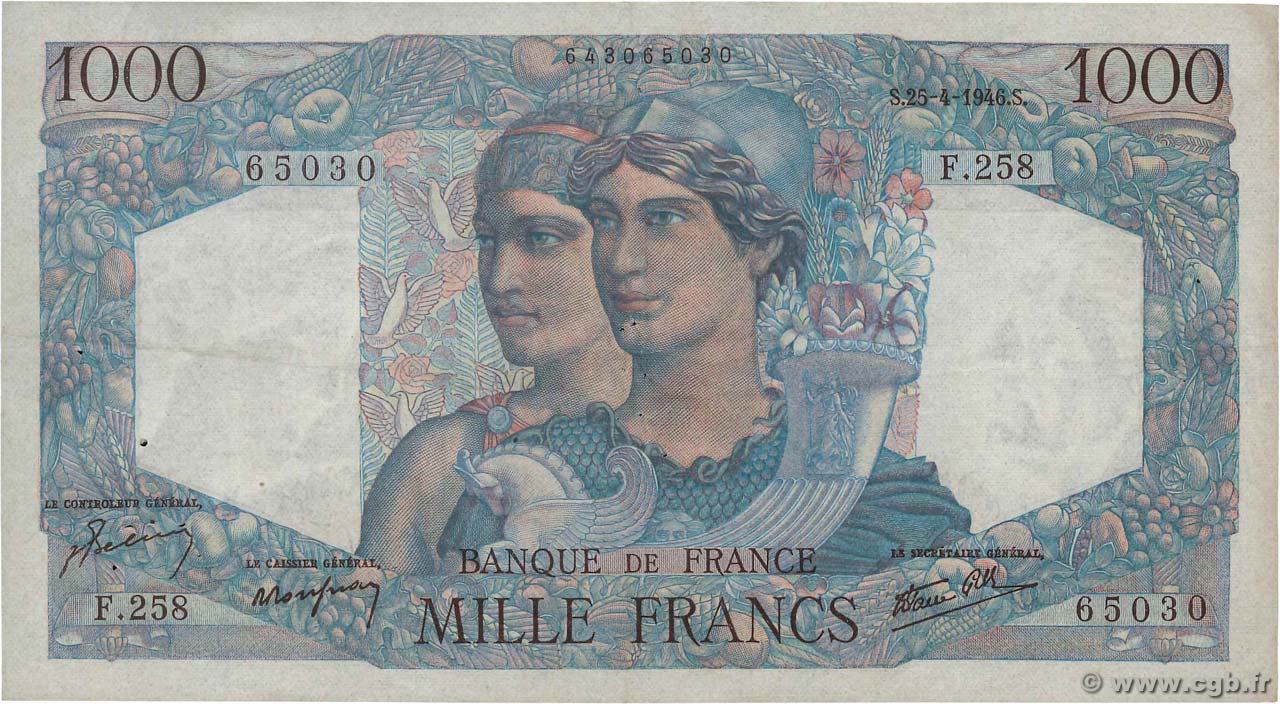 1000 Francs MINERVE ET HERCULE FRANKREICH  1946 F.41.13 fSS