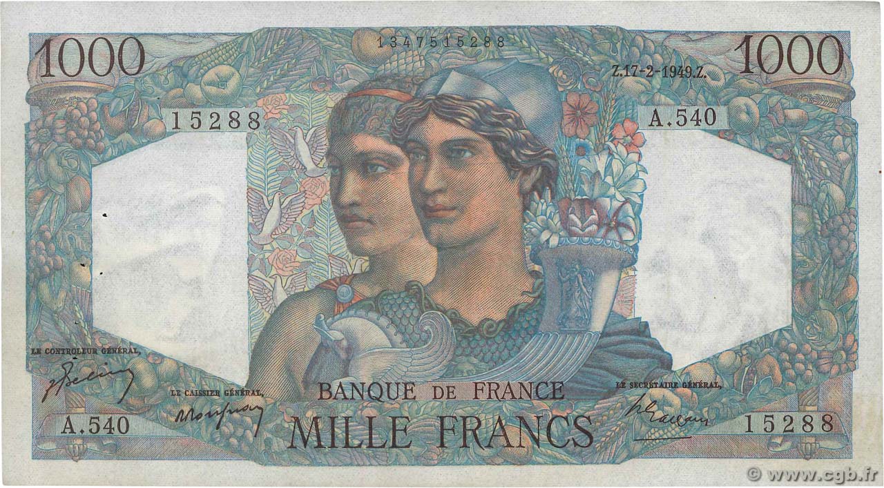 1000 Francs MINERVE ET HERCULE FRANKREICH  1948 F.41.24 fVZ