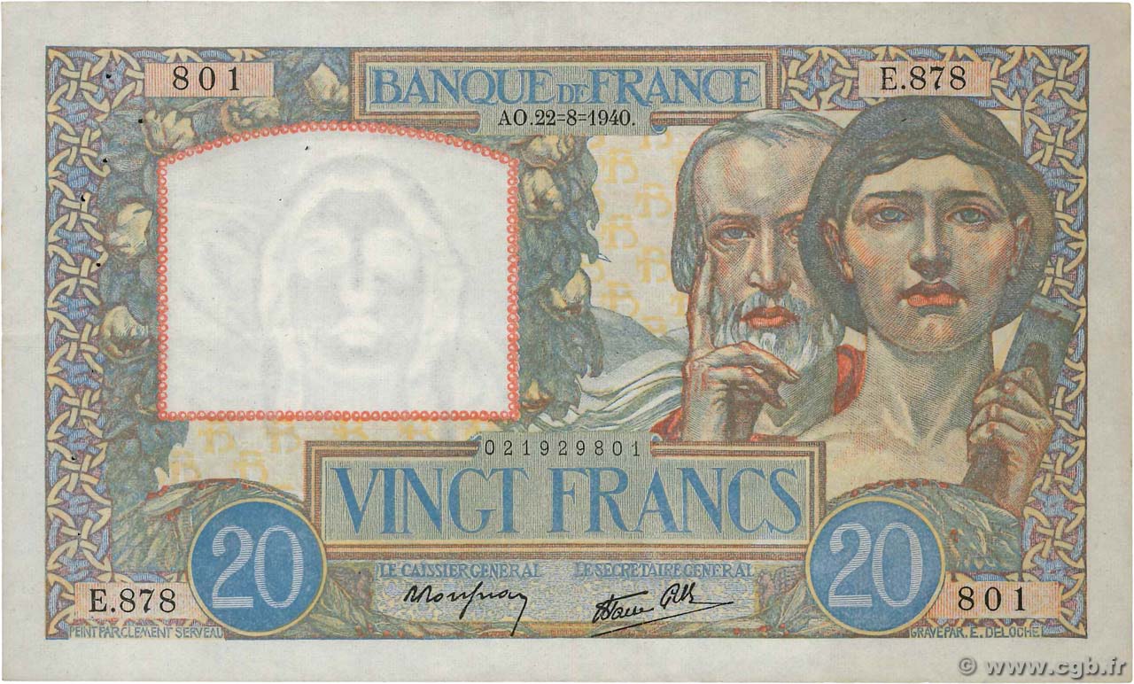 20 Francs TRAVAIL ET SCIENCE FRANCE  1940 F.12.06 TTB+