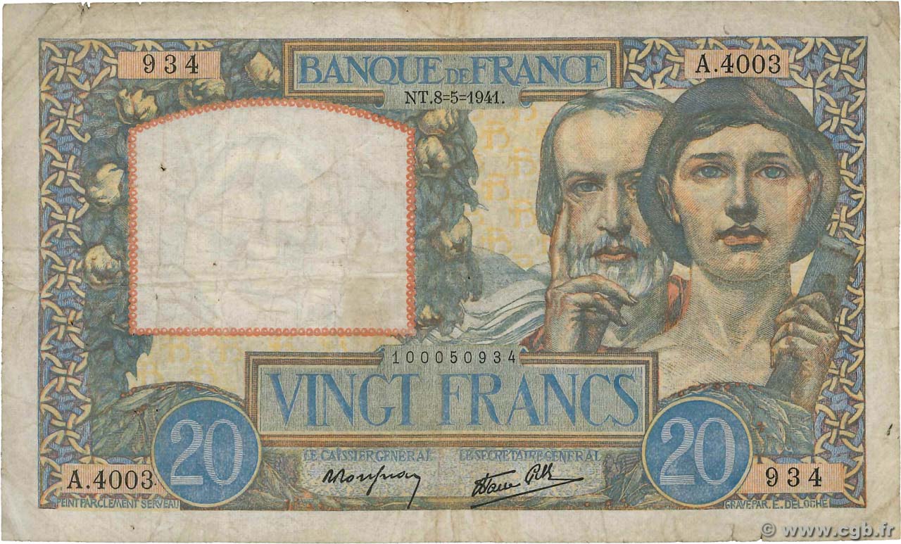 20 Francs TRAVAIL ET SCIENCE FRANCE  1941 F.12.14 pr.TB
