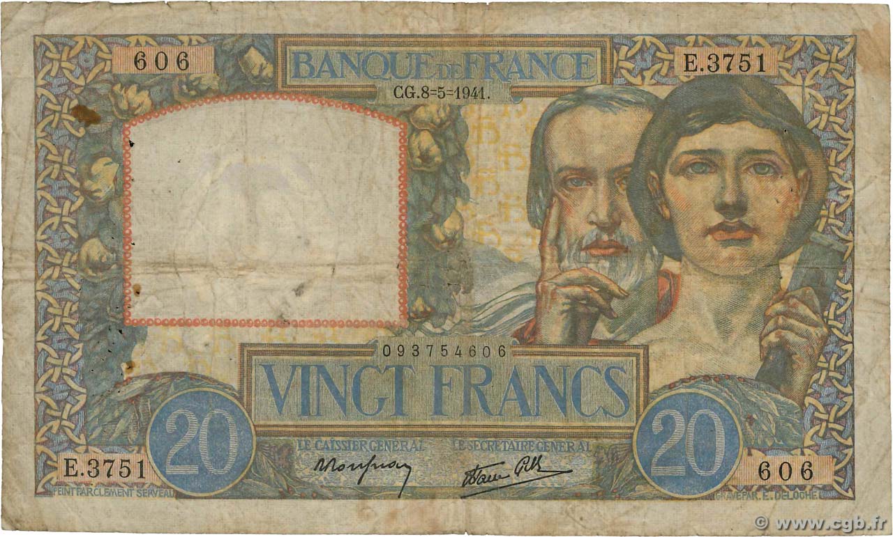 20 Francs TRAVAIL ET SCIENCE FRANCE  1941 F.12.14 B