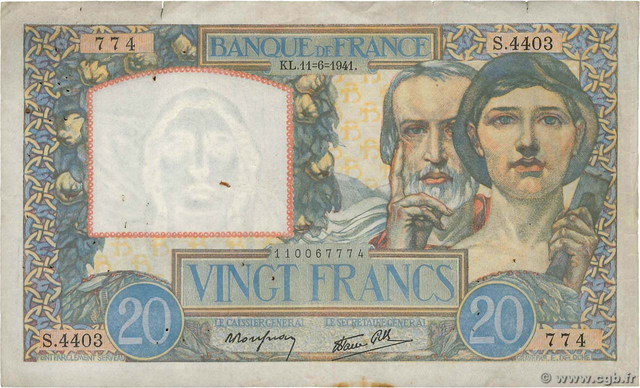 20 Francs TRAVAIL ET SCIENCE FRANCE  1941 F.12.15 F+