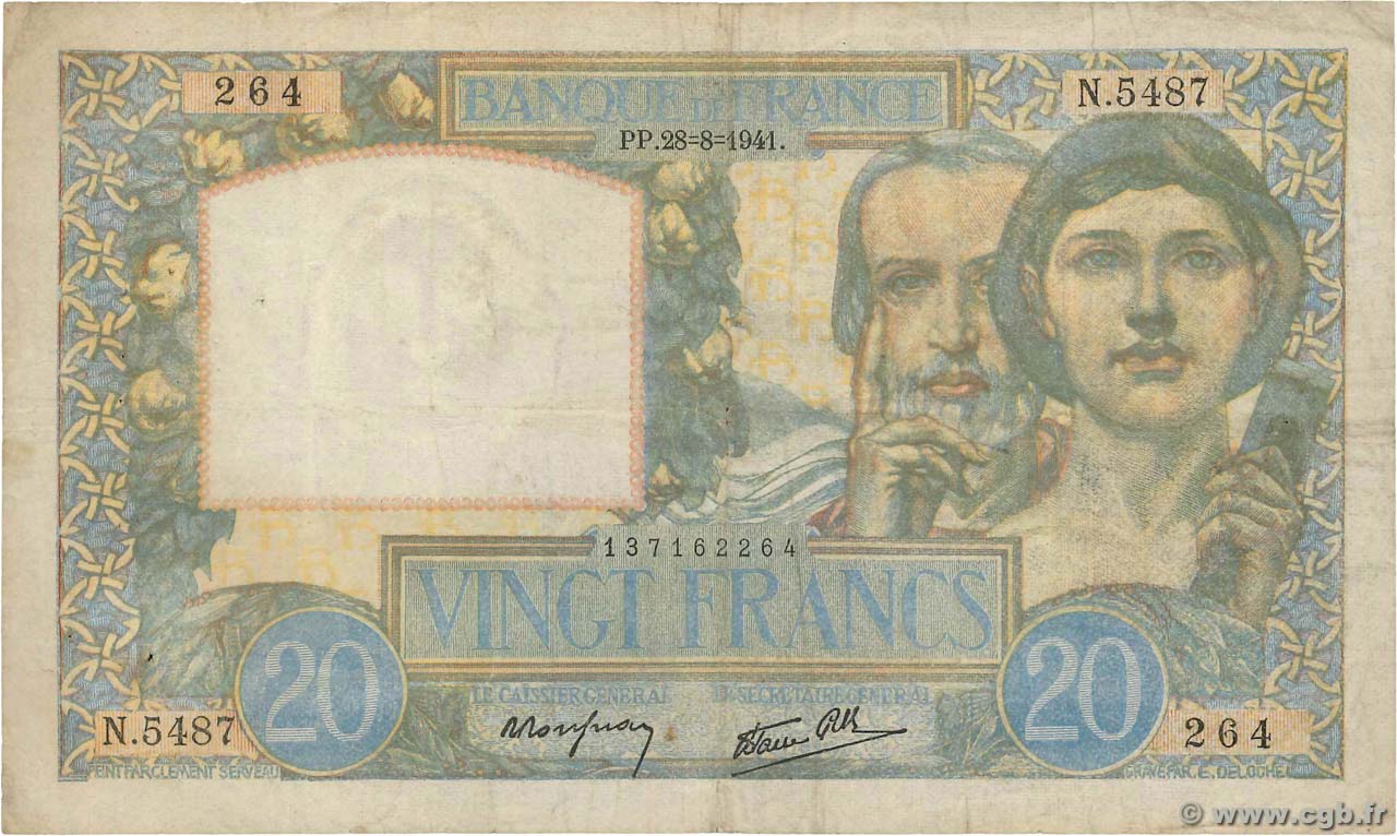 20 Francs TRAVAIL ET SCIENCE FRANCE  1941 F.12.17 B