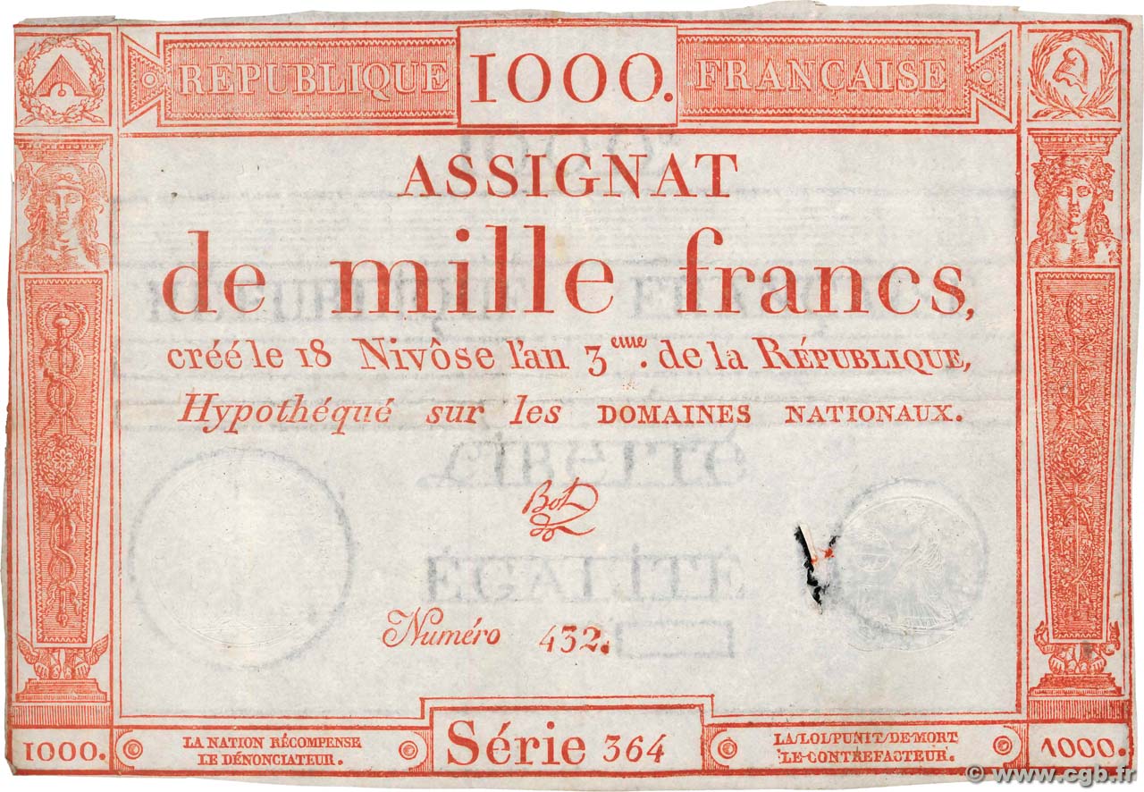 1000 Francs FRANCE  1795 Ass.50a VF-