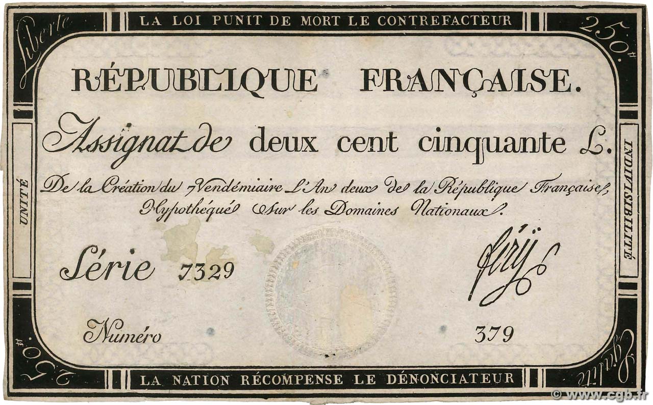 250 Livres FRANCE  1793 Ass.45a VF-