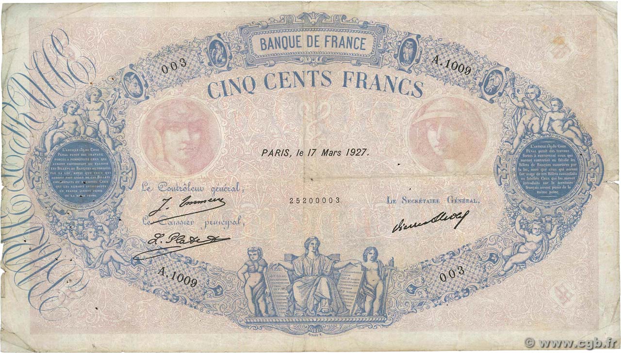 500 Francs BLEU ET ROSE FRANCIA  1927 F.30.30 BC