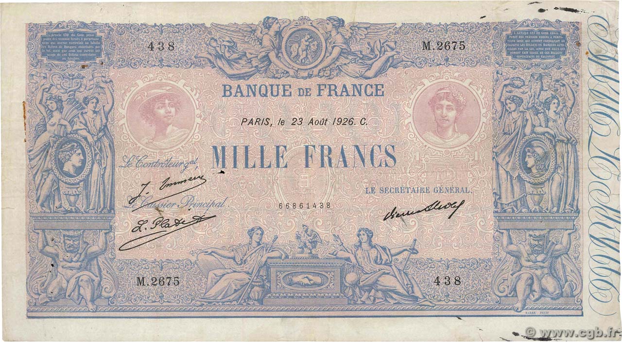 1000 Francs BLEU ET ROSE FRANCE  1926 F.36.43 pr.TTB