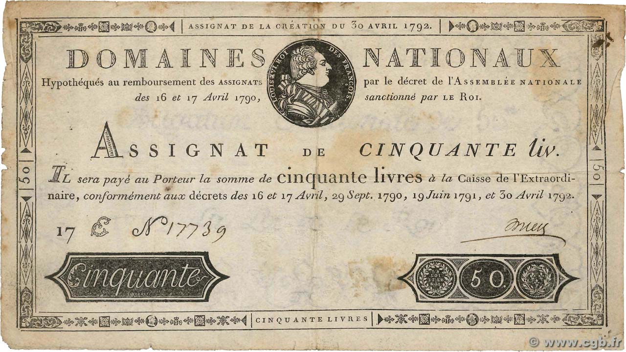 50 Livres FRANCE  1792 Ass.28a VG