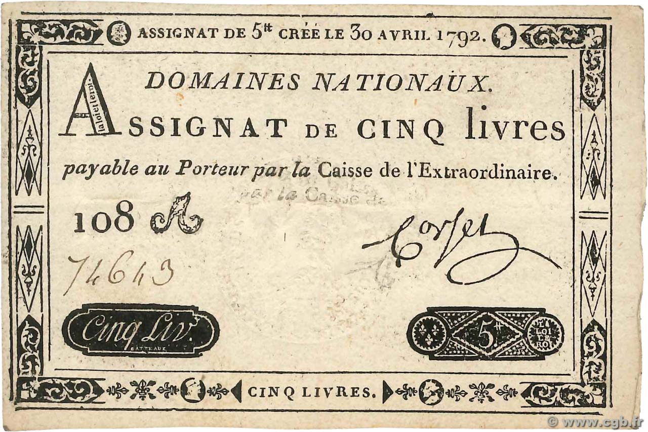 5 Livres FRANCIA  1792 Ass.27a SPL