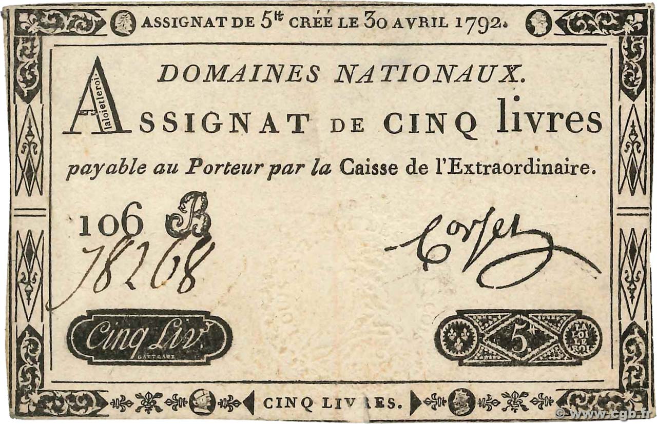 5 Livres FRANCE  1792 Ass.27a XF