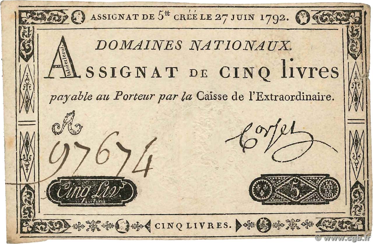 5 Livres FRANCE  1792 Ass.30a TTB+