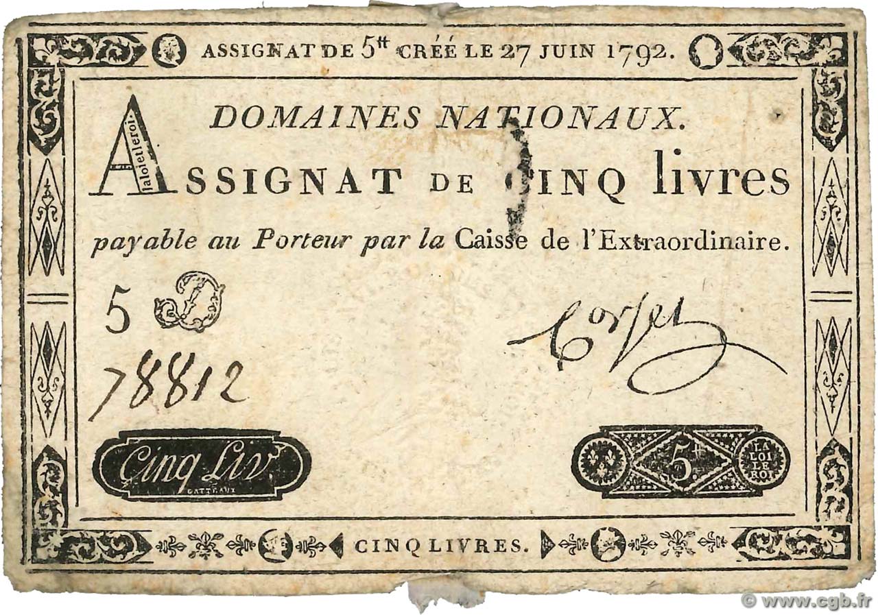 5 Livres FRANCE  1792 Ass.30a VG