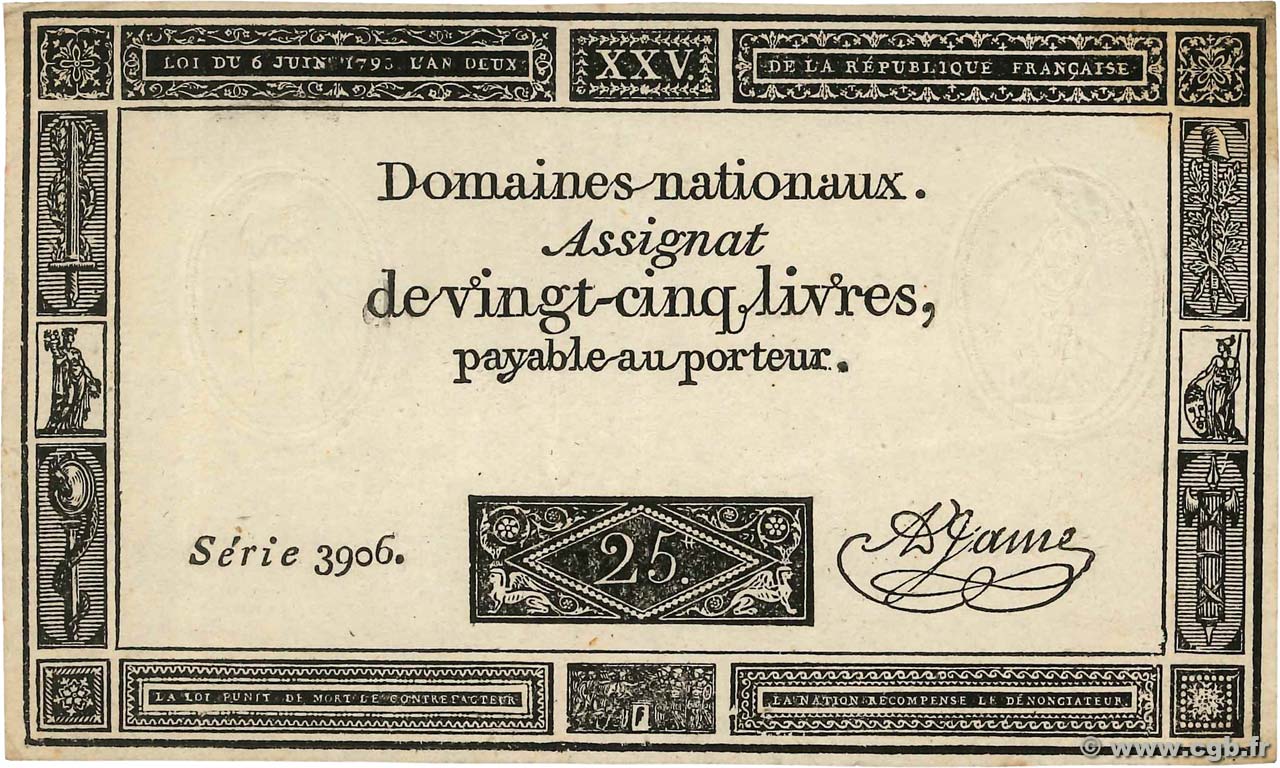 25 Livres FRANKREICH  1793 Ass.43a fVZ