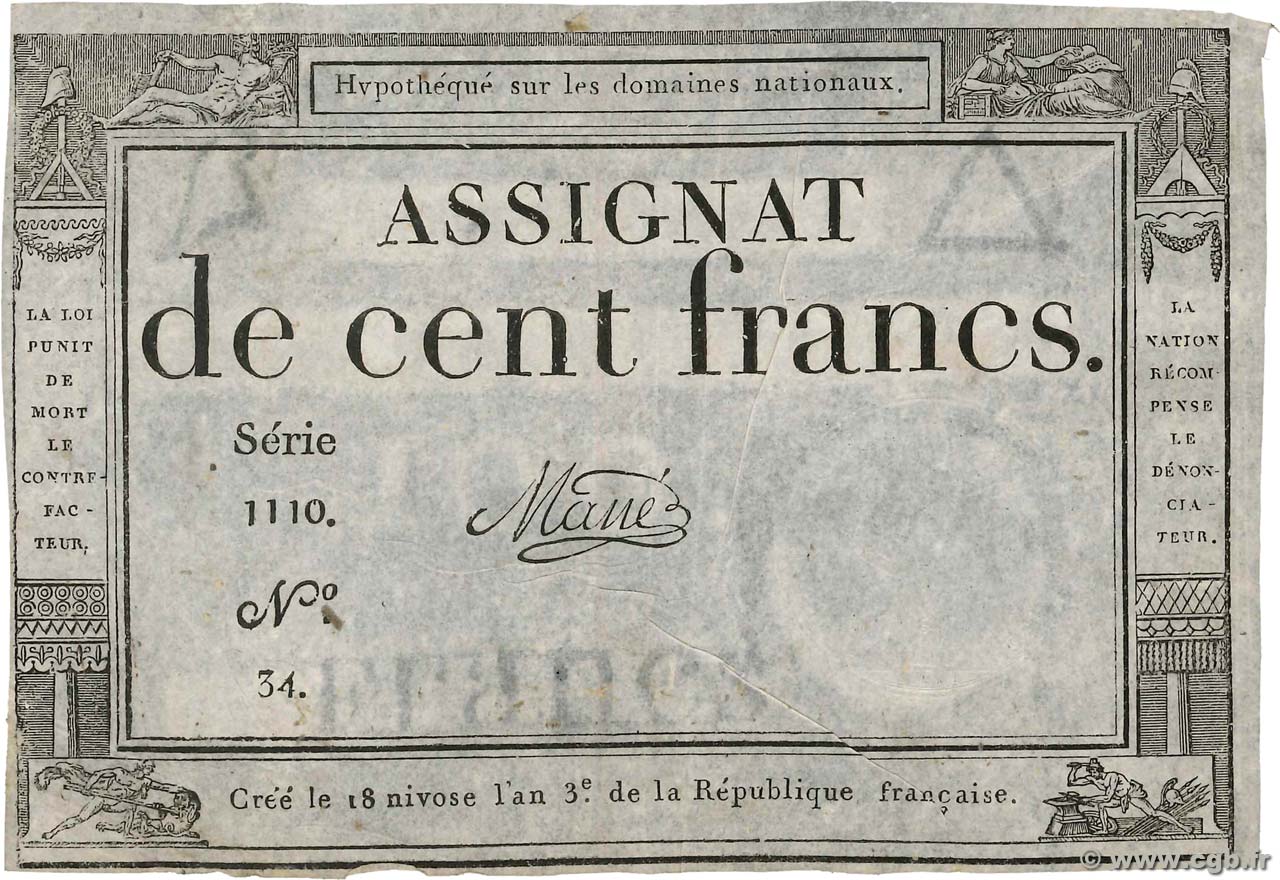 100 Francs FRANCE  1795 Ass.48a TB