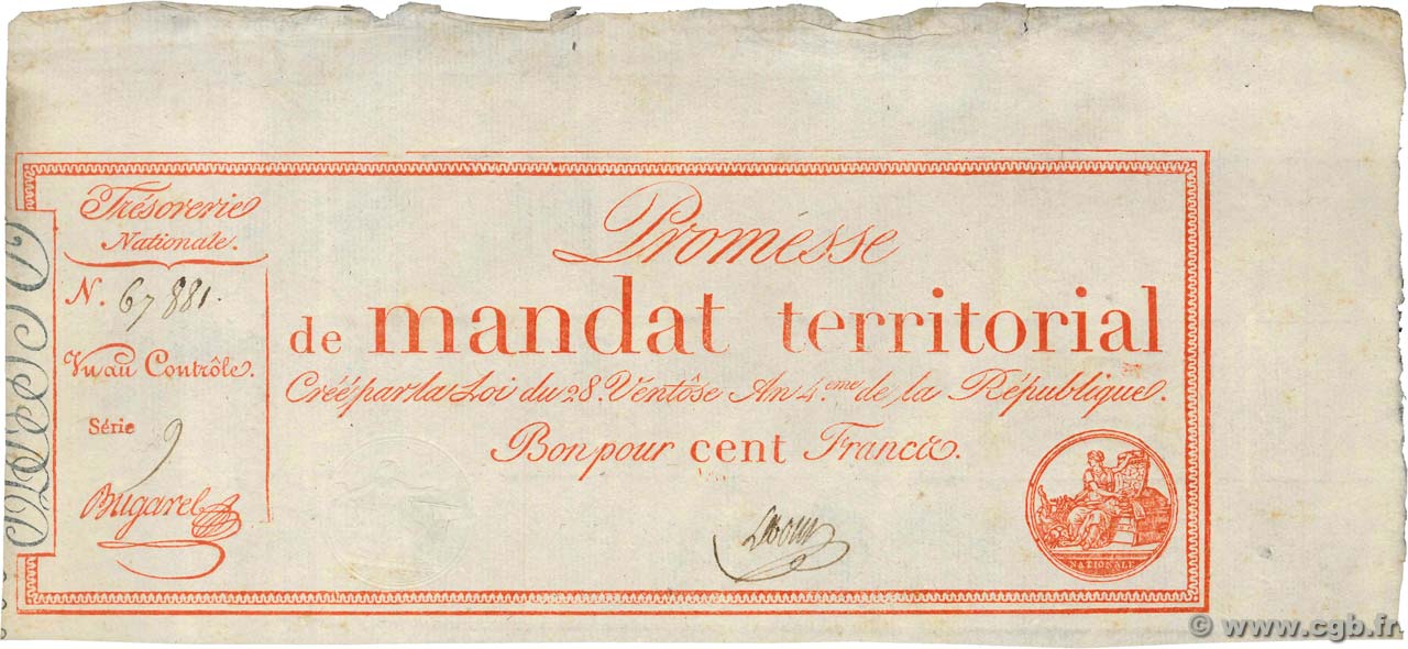 100 Francs avec série FRANKREICH  1796 Ass.60b VZ