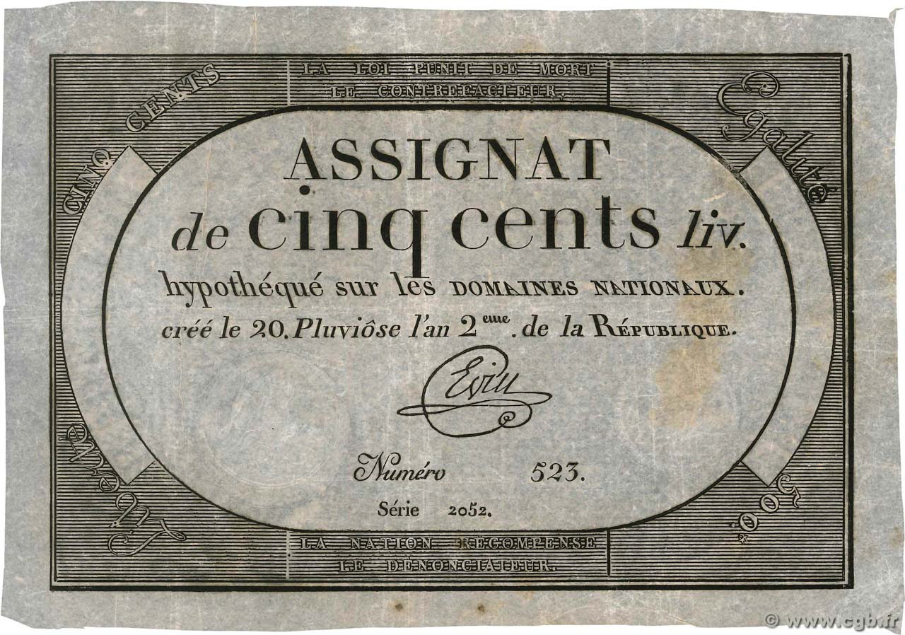 500 Livres FRANCE  1794 Ass.47a TB+
