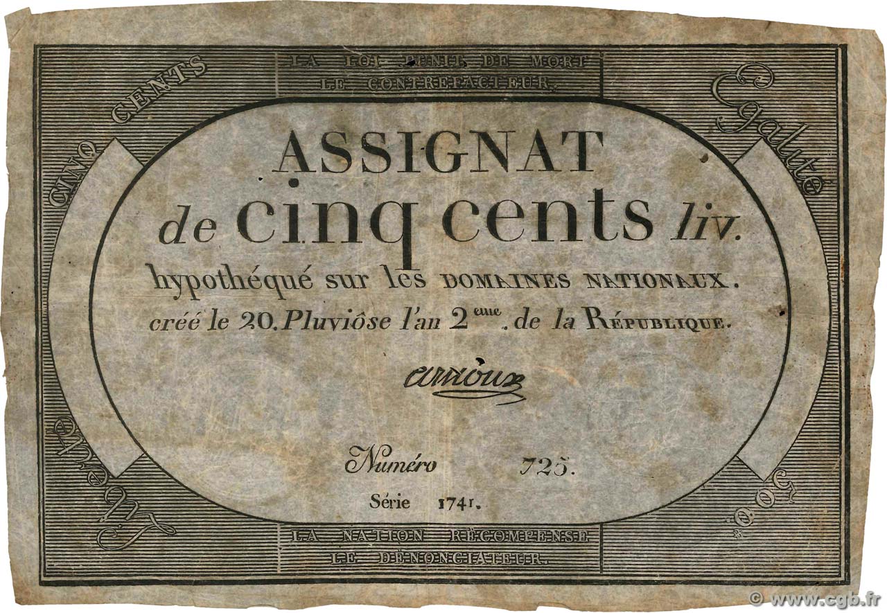 500 Livres FRANCE  1794 Ass.47a TB