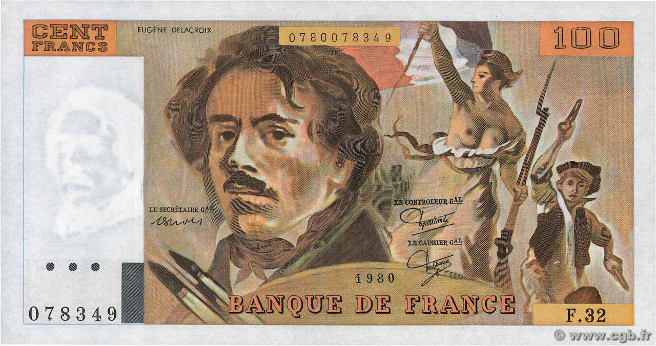 100 Francs DELACROIX modifié FRANCE  1980 F.69.04a AU