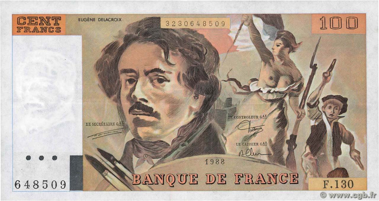 100 Francs DELACROIX modifié FRANCE  1988 F.69.12 VF