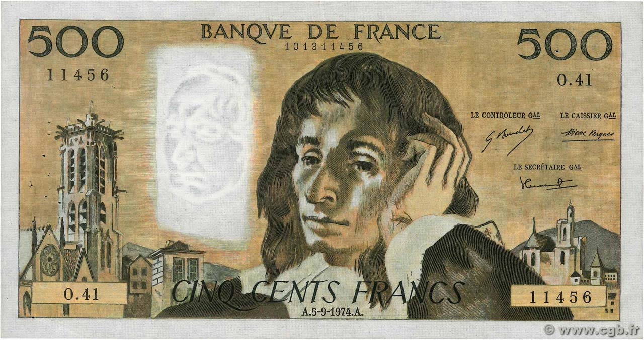 500 Francs PASCAL FRANCE  1974 F.71.11 F+