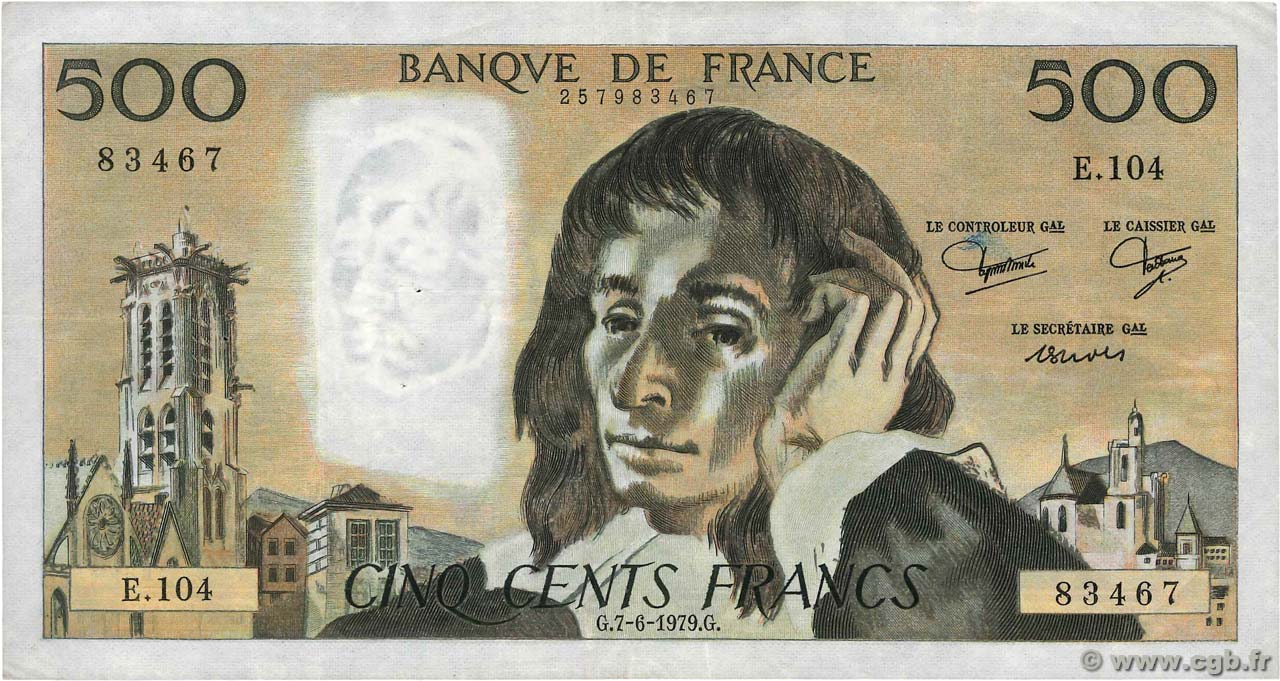 500 Francs PASCAL FRANCE  1979 F.71.20 F+