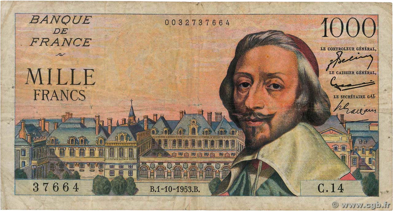 1000 Francs RICHELIEU FRANCE  1953 F.42.03 B