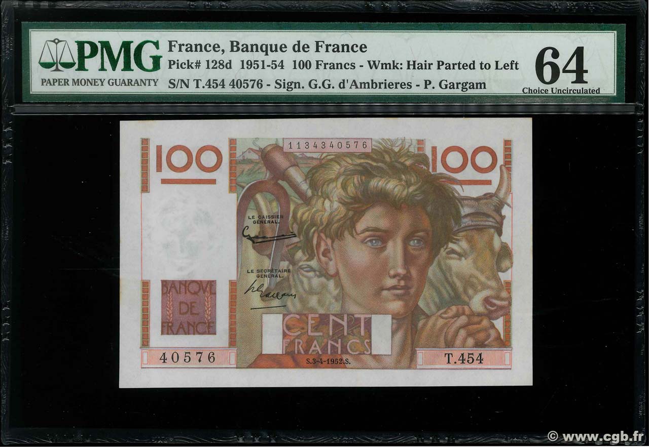 100 Francs JEUNE PAYSAN FRANCE  1952 F.28.32 UNC-