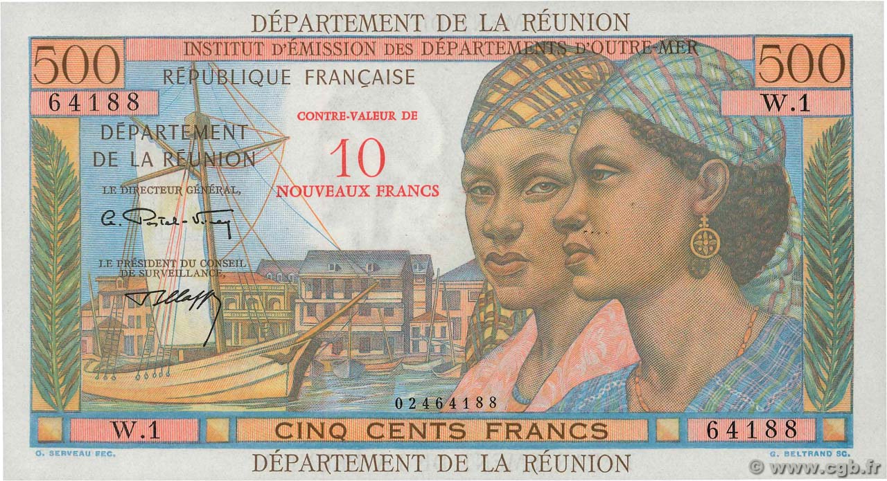 10 NF sur 500 Francs Pointe à Pitre ÎLE DE LA RÉUNION  1971 P.54b NEUF