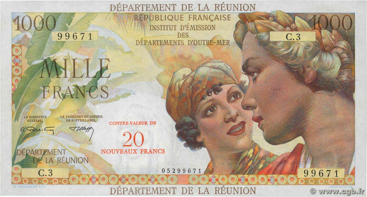 20 NF sur 1000 Francs Union Française REUNION INSEL  1971 P.55b fST+