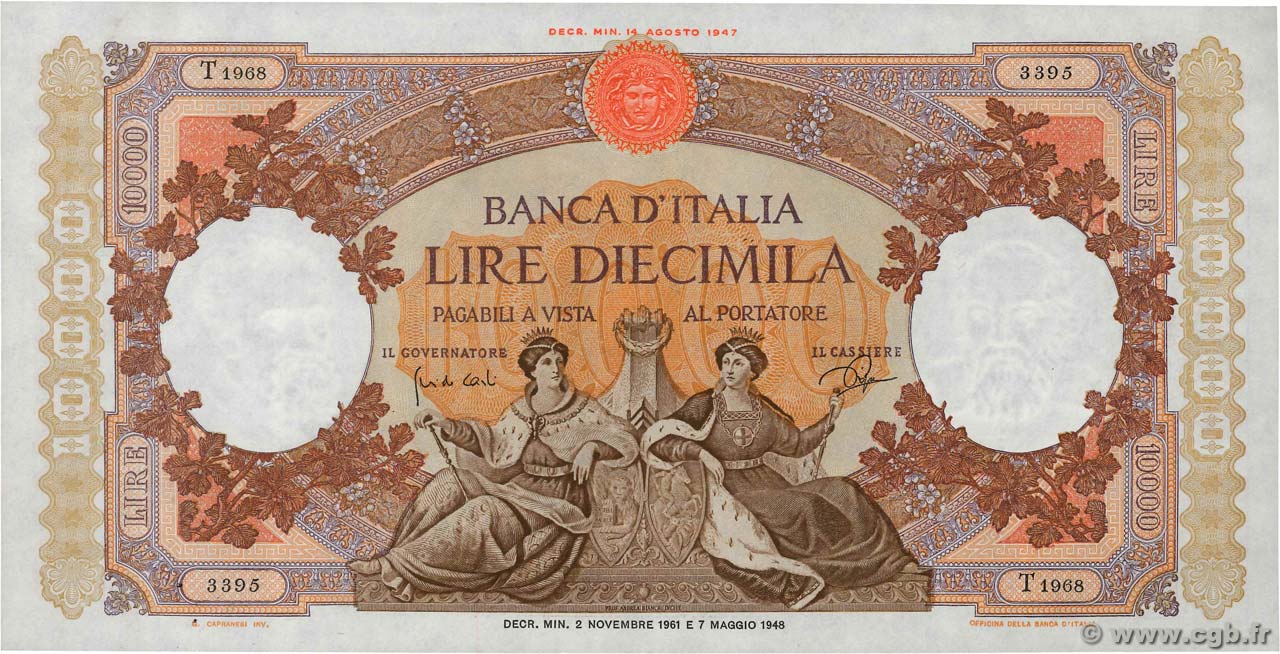 10000 Lire ITALY  1961 P.089d XF+