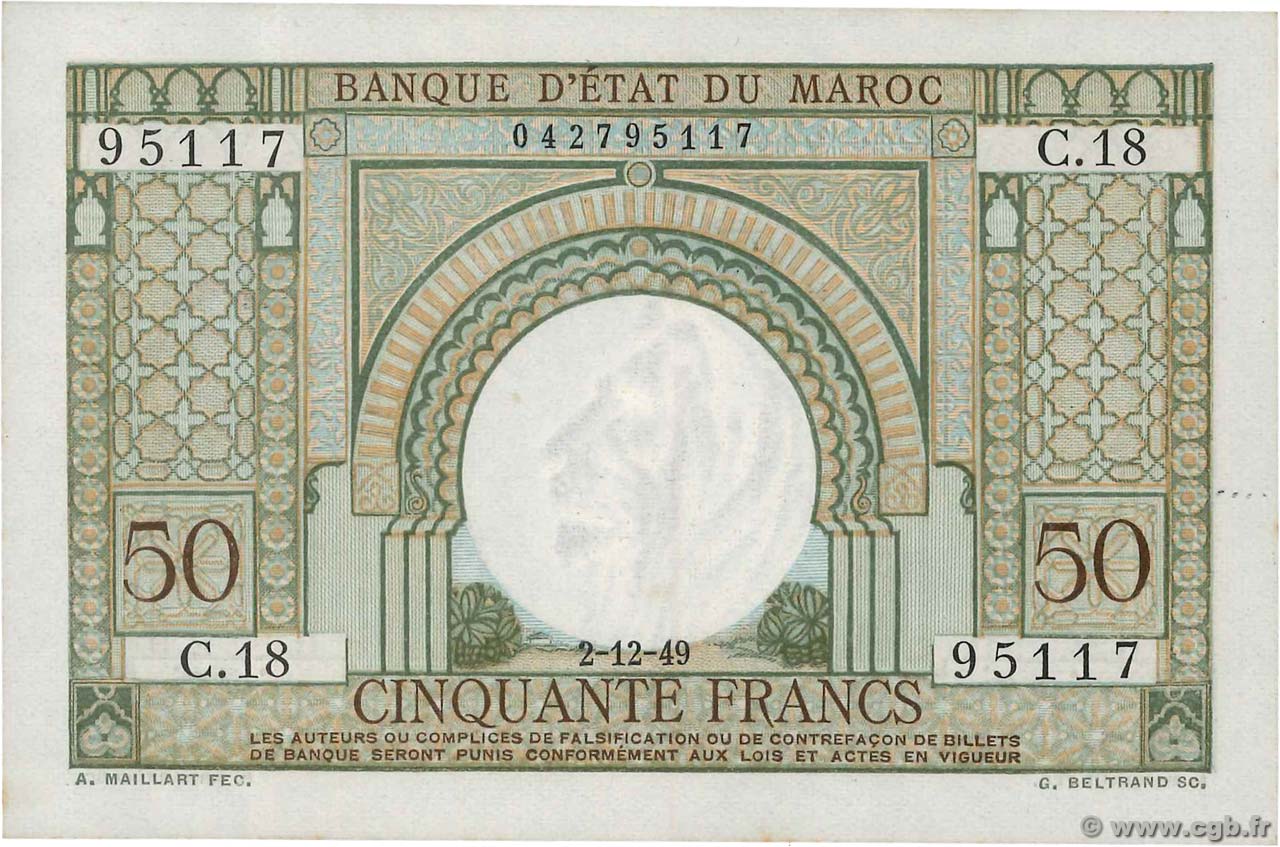 50 Francs MOROCCO  1949 P.44 AU