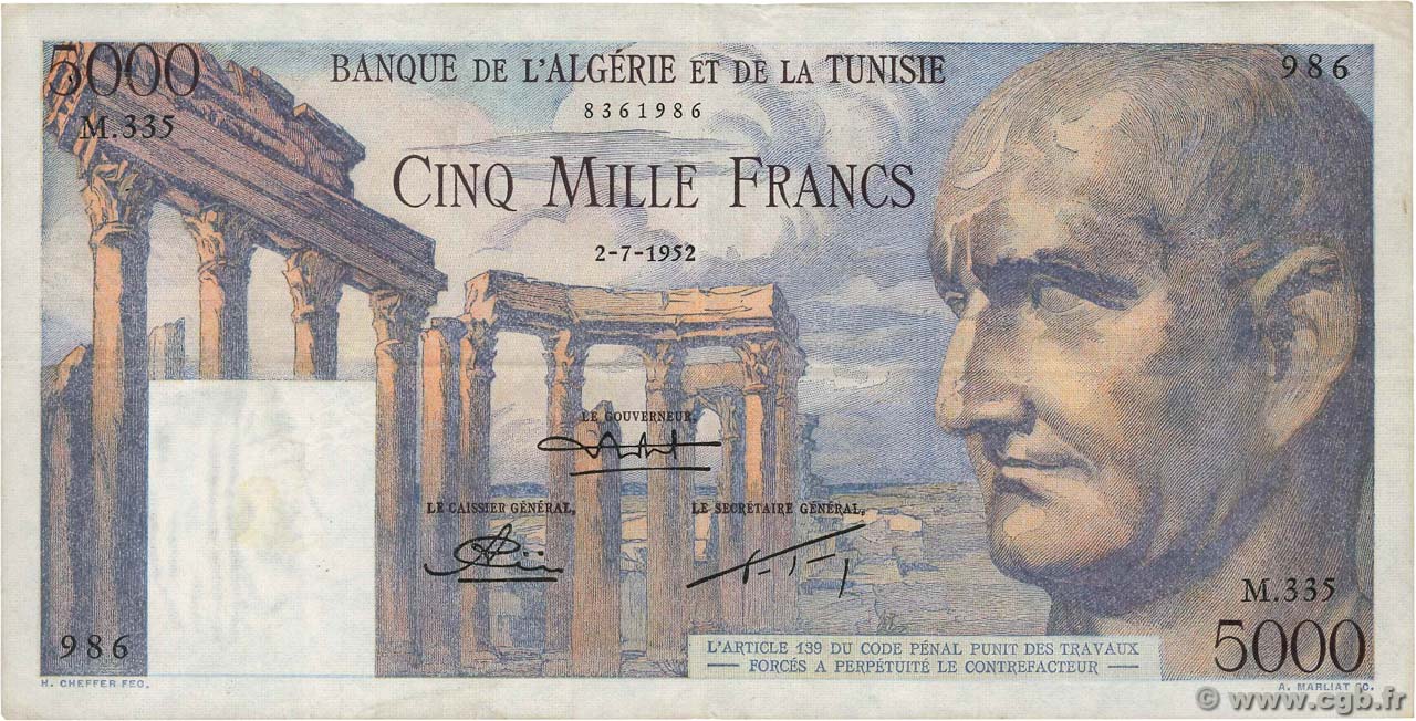 5000 Francs TUNESIEN  1952 P.30 SS