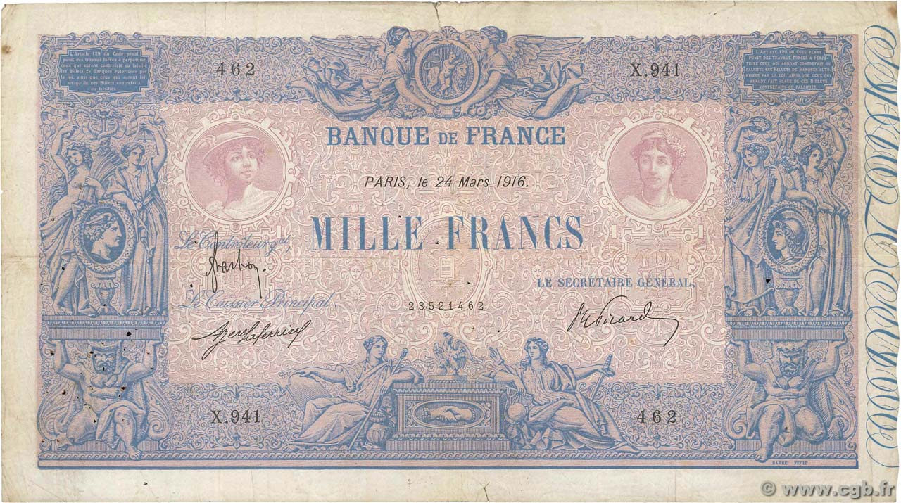 1000 Francs BLEU ET ROSE FRANKREICH  1916 F.36.30 fS