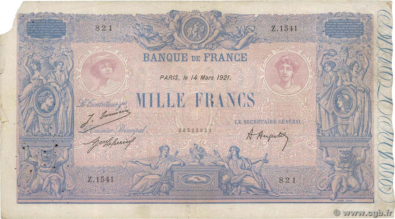 1000 Francs BLEU ET ROSE FRANKREICH  1921 F.36.37 SGE
