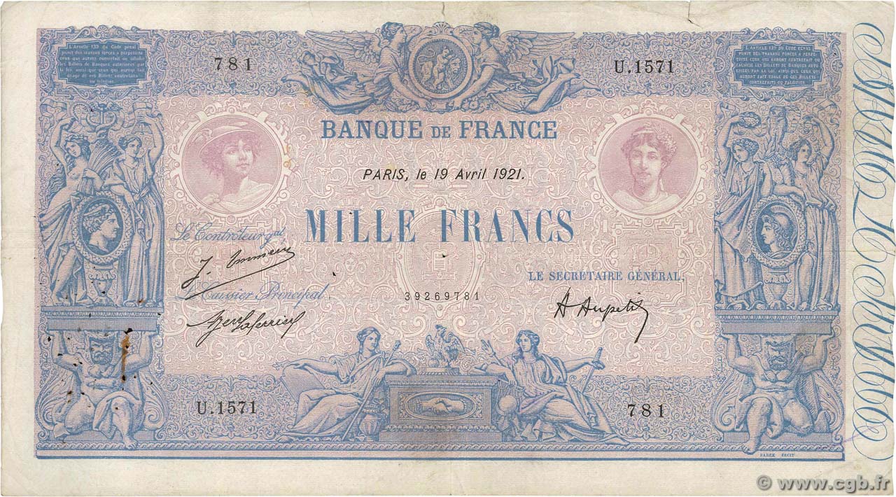1000 Francs BLEU ET ROSE FRANCE  1921 F.36.37 F