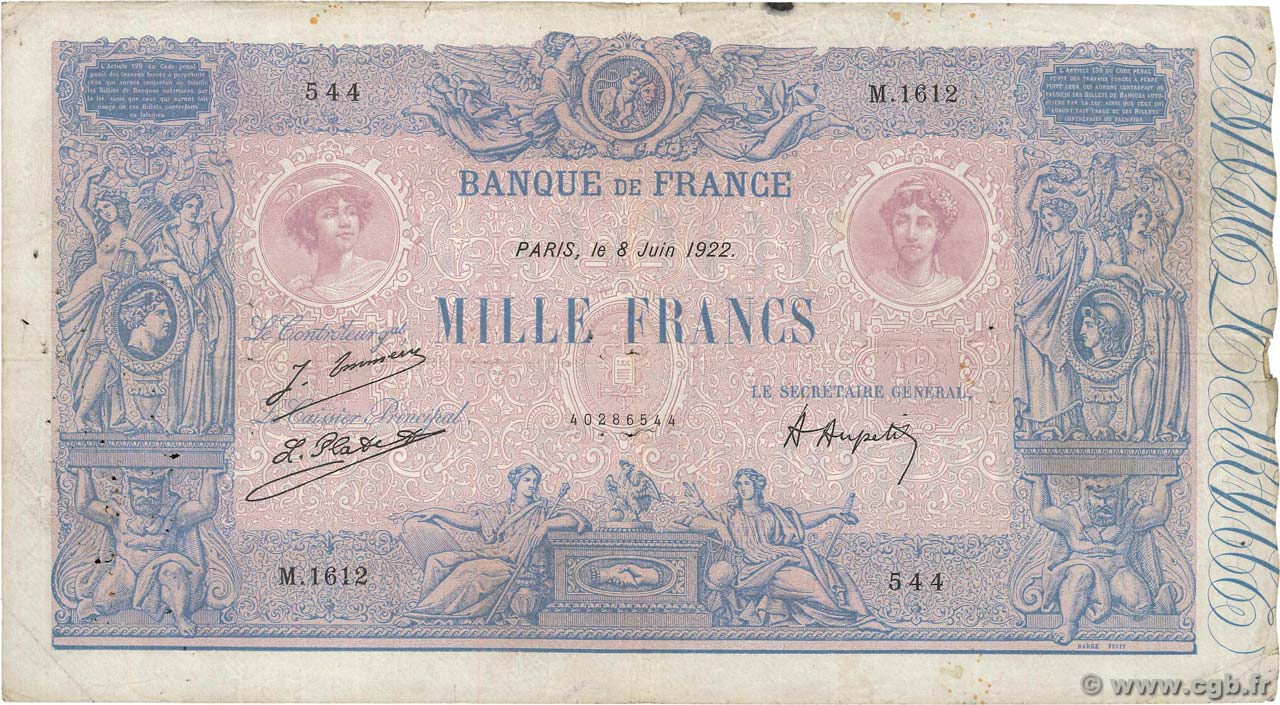 1000 Francs BLEU ET ROSE FRANCIA  1922 F.36.38 MB