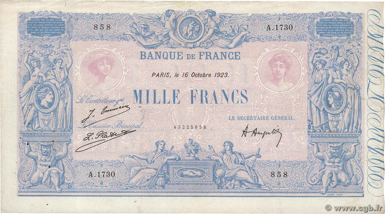 1000 Francs BLEU ET ROSE FRANCE  1923 F.36.39 VF-