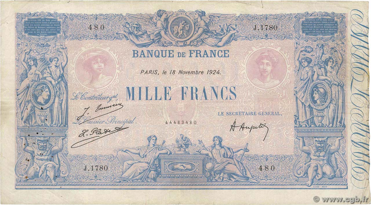 1000 Francs BLEU ET ROSE FRANCIA  1924 F.36.40 BC