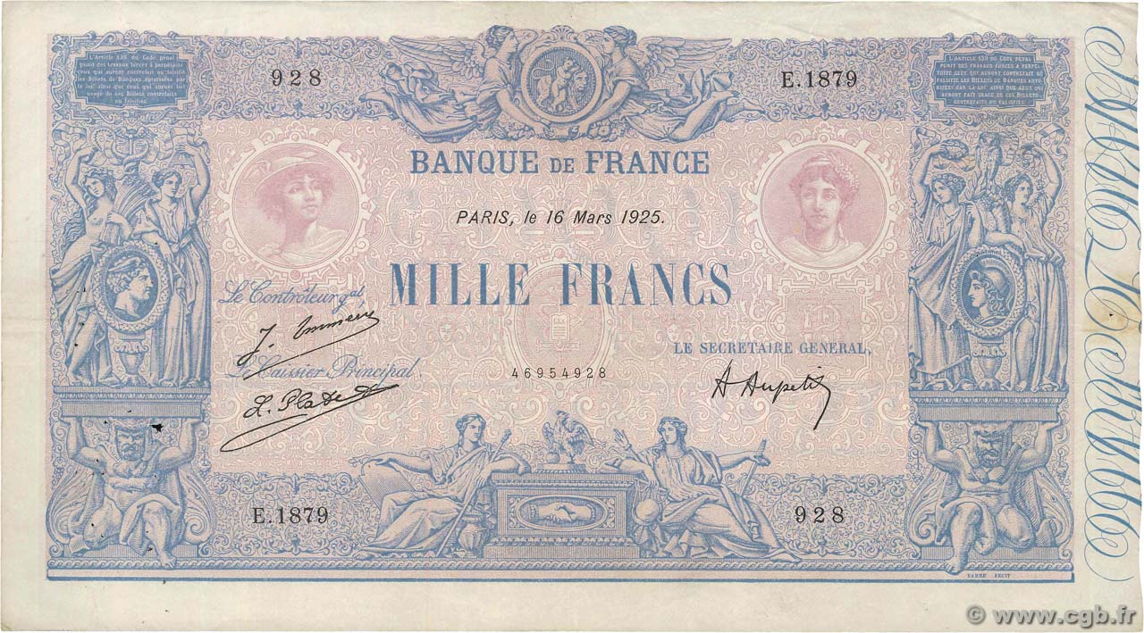1000 Francs BLEU ET ROSE FRANCIA  1925 F.36.41 BC+