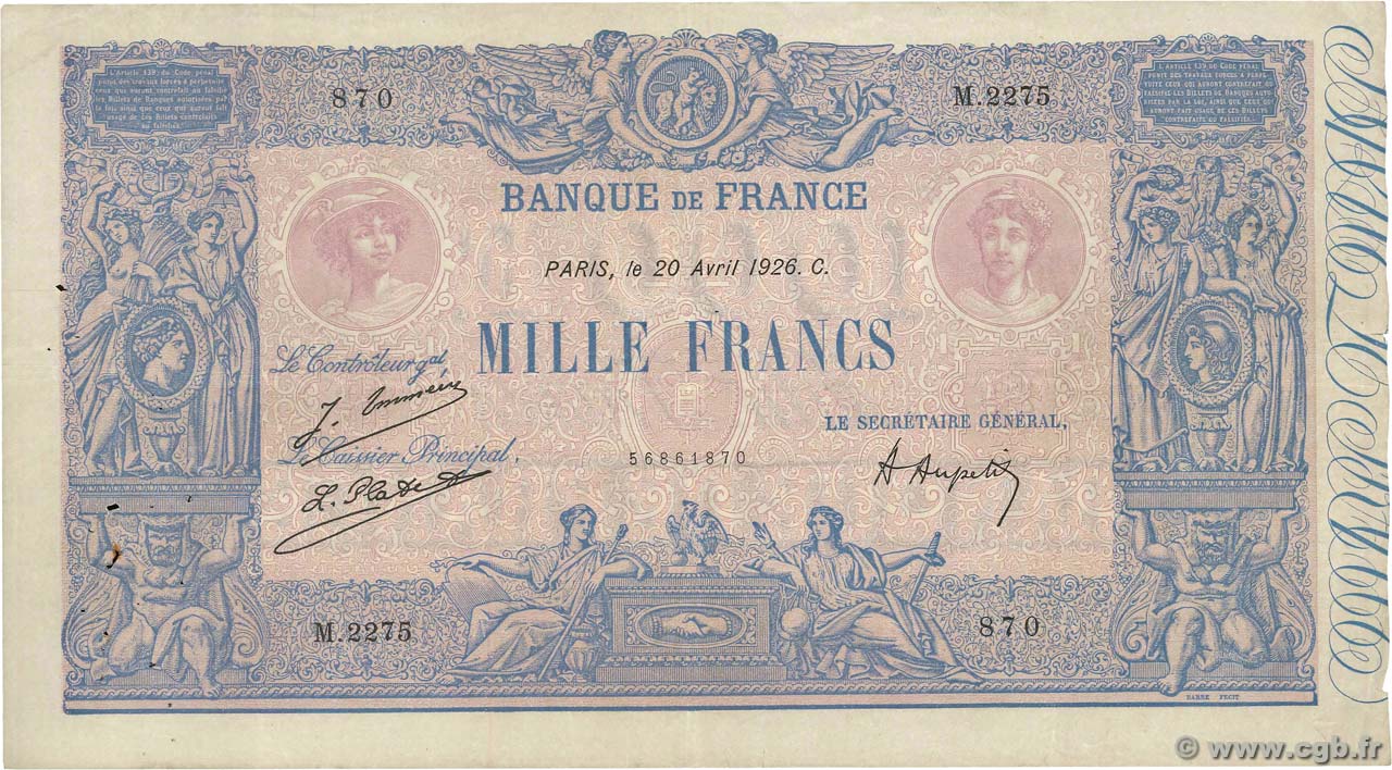 1000 Francs BLEU ET ROSE FRANCE  1926 F.36.42 F+