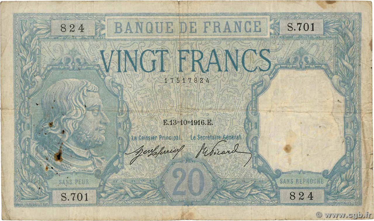 20 Francs BAYARD FRANCIA  1916 F.11.01 q.MB
