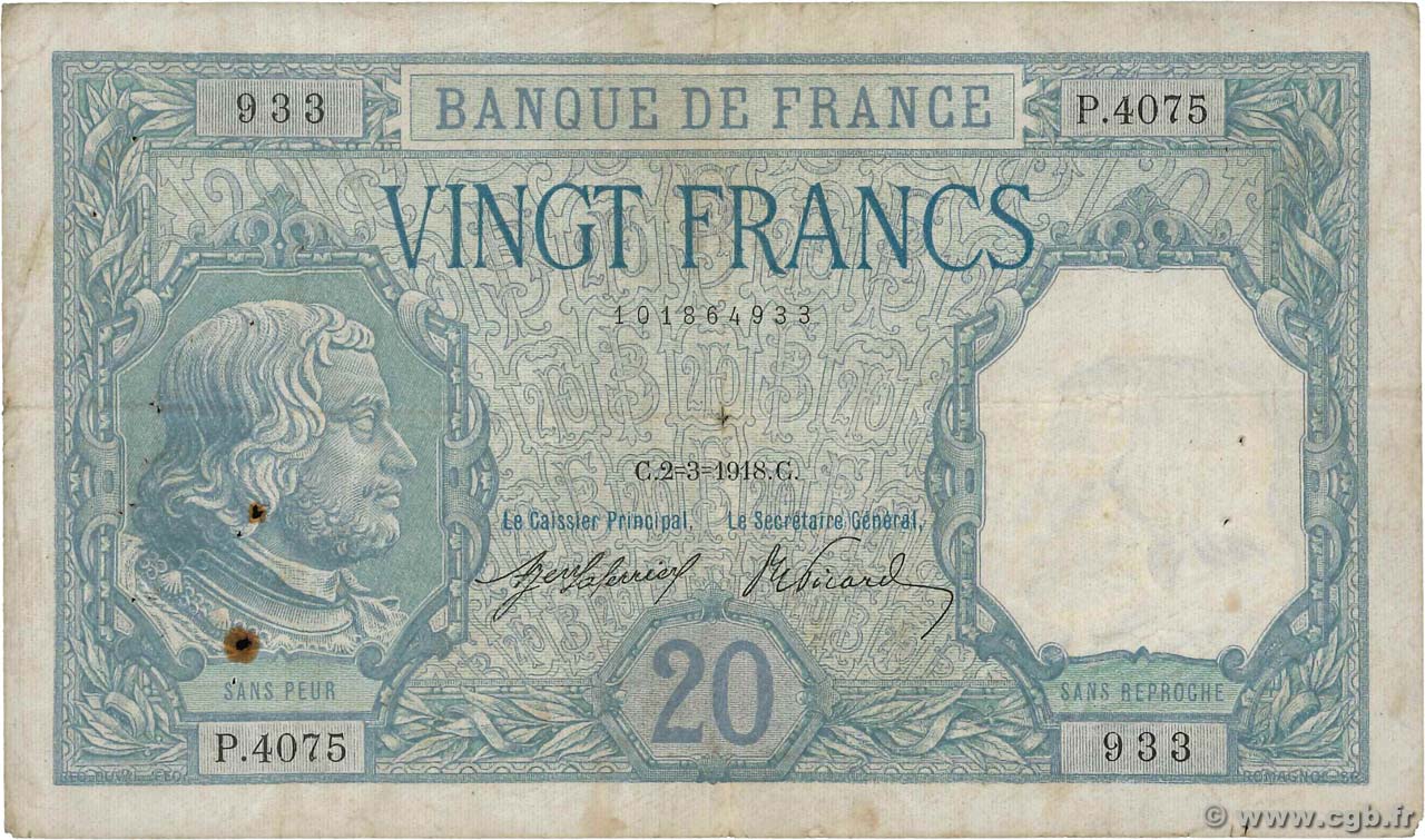 20 Francs BAYARD FRANCE  1918 F.11.03 F-