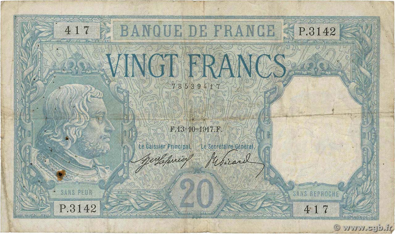 20 Francs BAYARD FRANCE  1917 F.11.02 F-